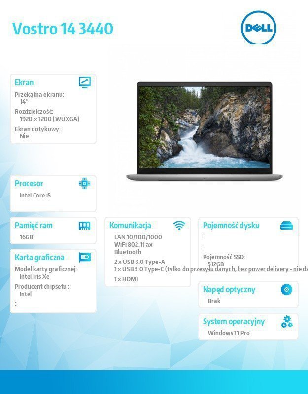 Dell Notebook Vostro 14 (3440) Win11Pro i5-1334U^16GB^512GB SSD^14.0 FHD+^Intel Iris Xe^FgrPr^Cam & Mic^WLAN + BT^Backlit Kb^3 C