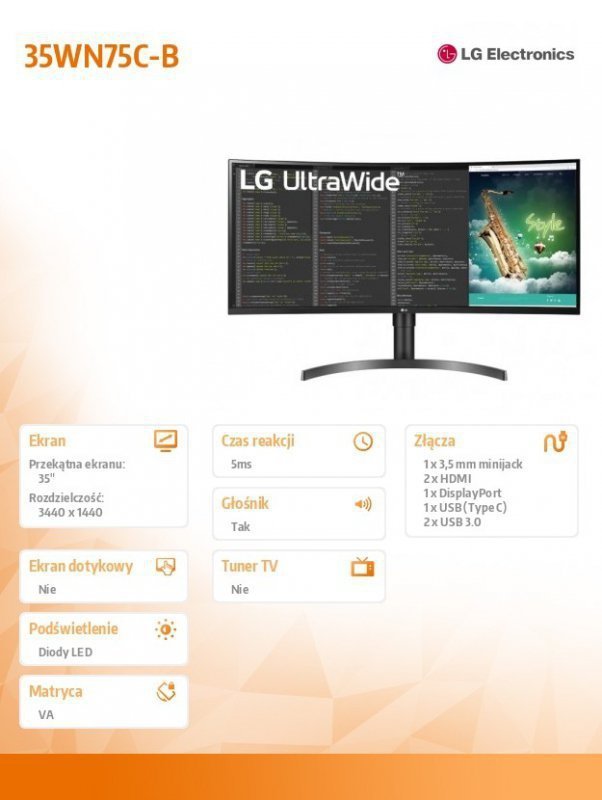 LG Electronics Monitor 35 cali 35WN75C-B 21:9 QHD Curved USB-C FreeSync