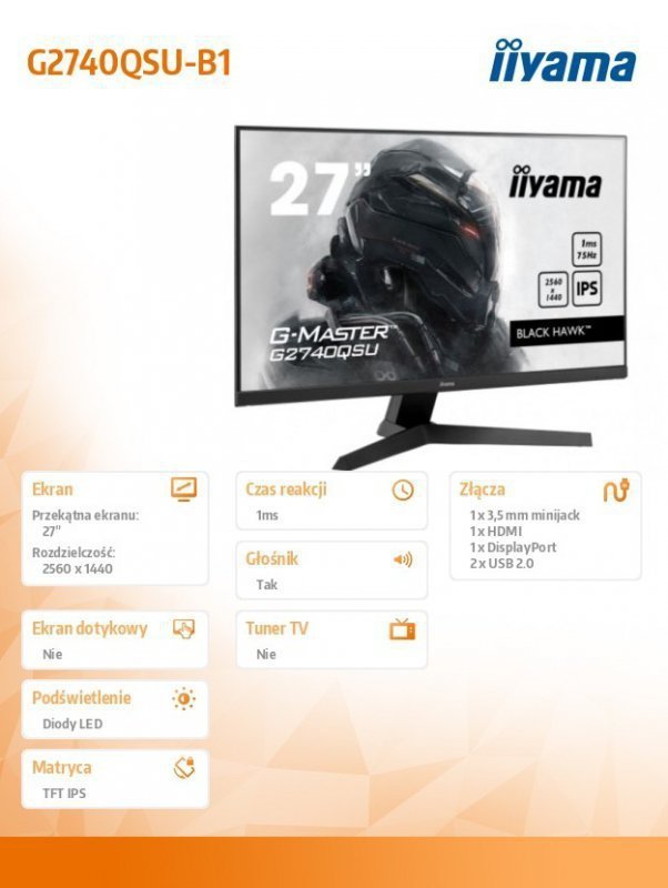 IIYAMA Monitor 27 cali G2740QSU-B1 IPS,QHD,75Hz,1ms,FreeSync,HDMI,DP,USB