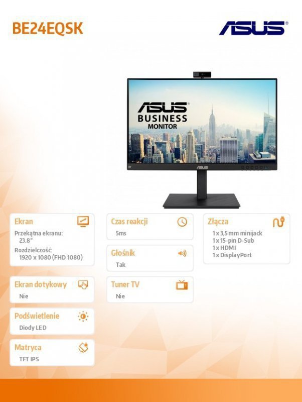 Asus Monitor 24 cale BE24EQSK IPS VGA HDMI DP Głośnik PIVOT Kamera 2,0MPix
