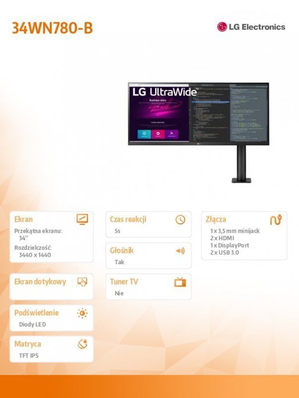 LG Electronics Monitor 34WN780-B 34 cali UltraWide Ergo QHD IPS HDR z FreeSync i głośnikami