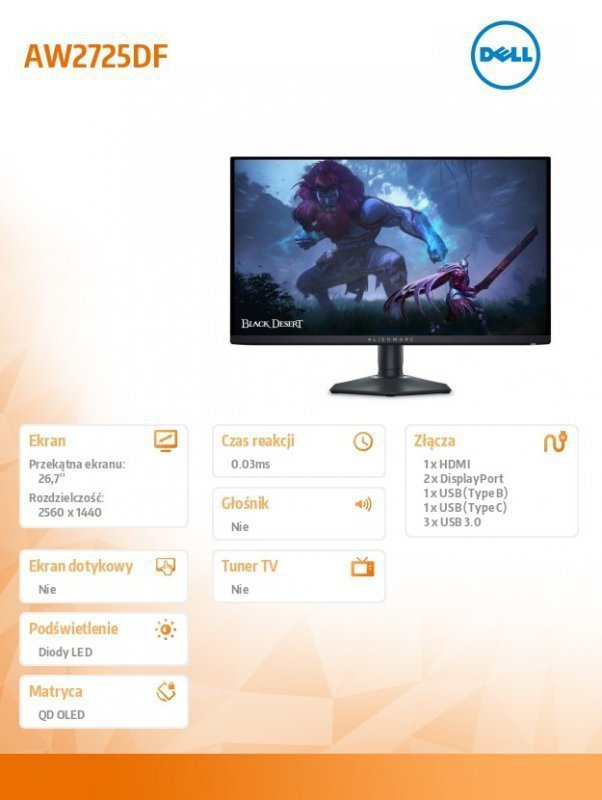 Dell Monitor AW2725DF 27 cali AMD FreeSync^QD-OLED^360Hz^QHD(2560x1440)^16:9^DP^HDMI^USB-C^USB^3Y