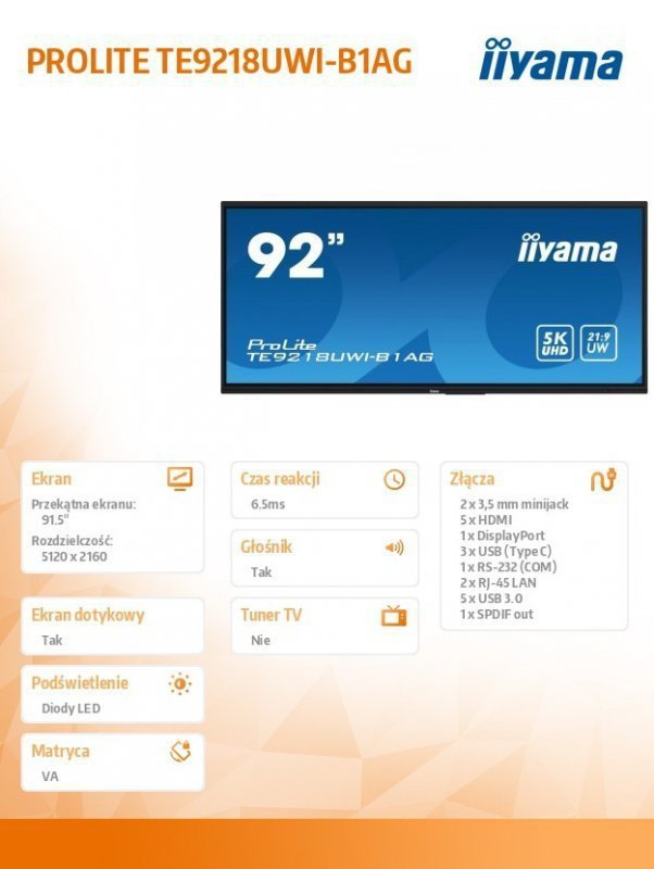 IIYAMA Monitor 92 cale TE9218UWI-B1AG, INFRARED,40pkt,VA,21:9,4xHDMI,DP,    USB-C,RJ45,8^64GB