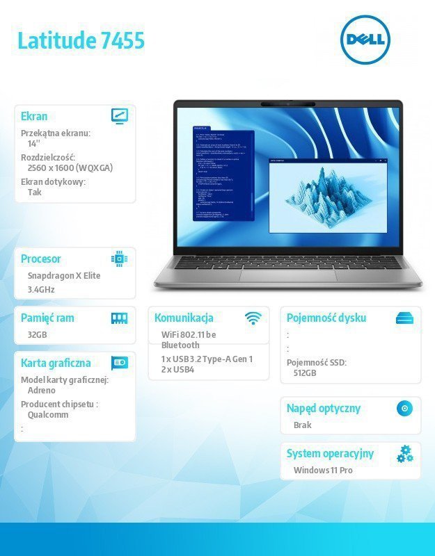 Dell Notebook Latitude 7455 Win11Pro Snapdragon X Elite 12C 32GB^512GBSSD Gen4^14.0 QHD+ Touch^UMA GPU^FgrPr^FHD^IR Cam^Mic^WLAN