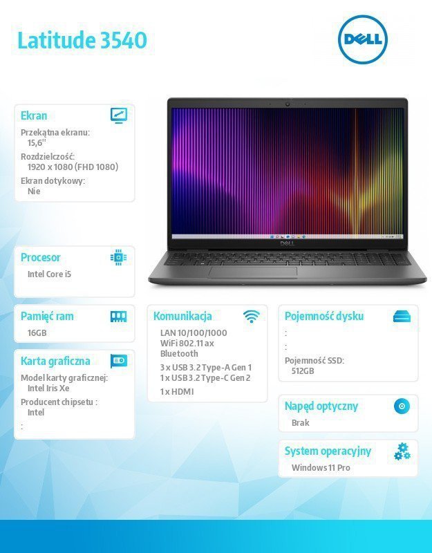 Dell Notebook Latitude 3540 Win11Pro i5-1345U^16GB^512GB SSD^15.6' FHD^Intel Iris Xe^FgrPr^FHD Cam+IR^Mic^WLAN+BT^Backlit K