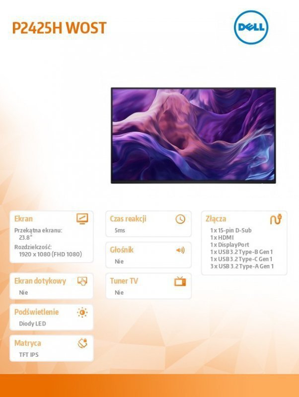 Dell Monitor 23.8 cala P2425H WOST IPS 1920x1080^16:9^DP^HDMI^USBC^VGA^USB^No stand^3Y