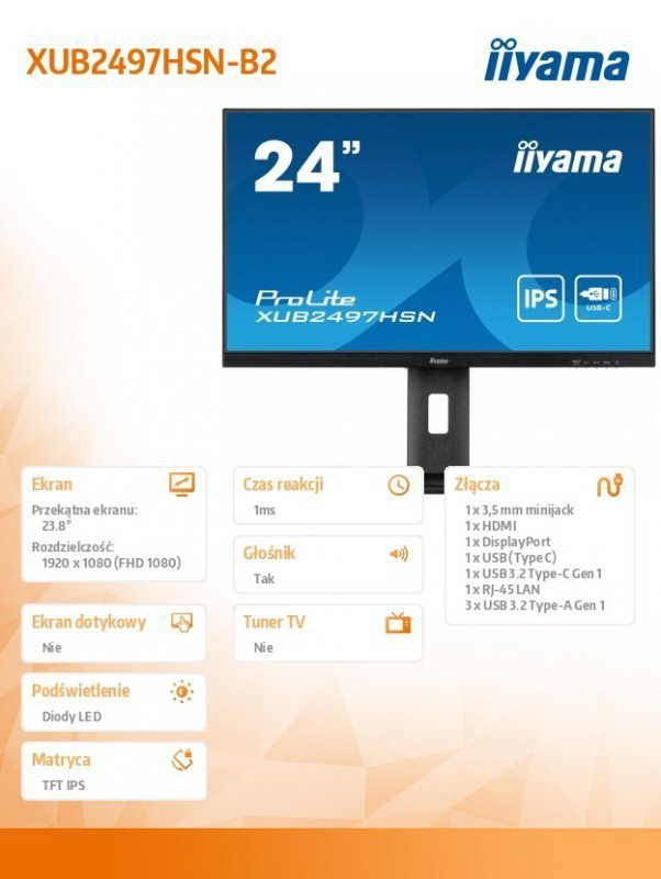 IIYAMA Monitor 24 cale XUB2497HSN-B2 IPS, USB-C Dock, HDMI, DP, 300cd, Pivot, HAS ^5y^