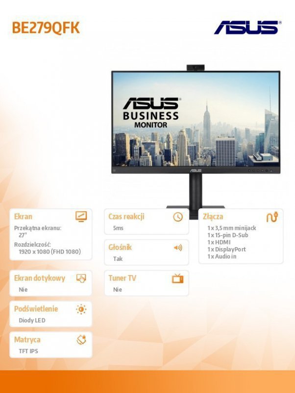 Asus Monitor 27 cali BE279QFK IPS HDMI DP 100Hz kamera