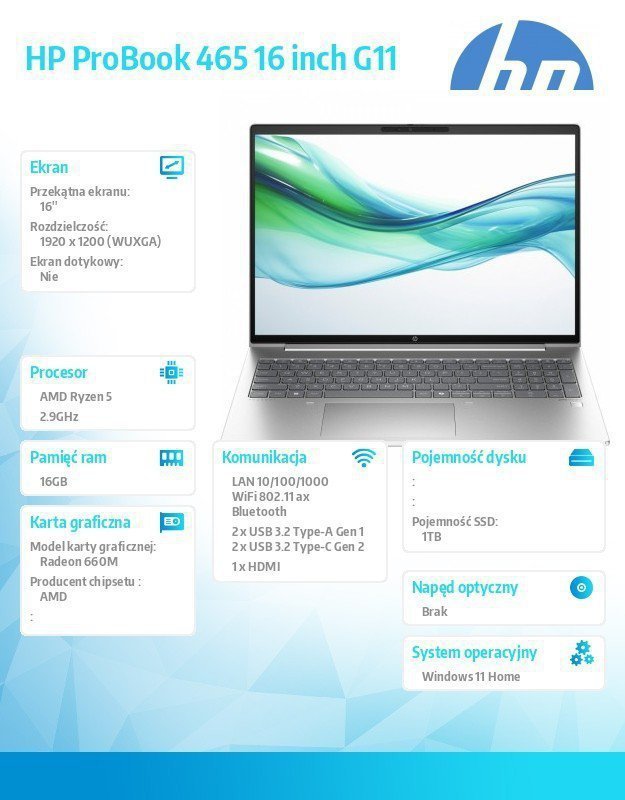 HP Inc. Laptop 465 G11 R5-7535U 16GB^1TB^16 cali WUXGA^Win11Home^ AD1J2ET