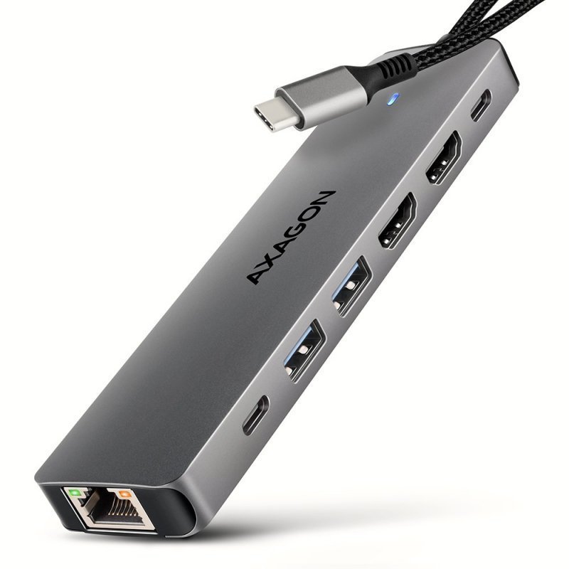 AXAGON HMC-7HX2 Wieloportovy hub USB 7in1, 5Gbps, 2x USB-A, 1x USB-C, 2x HDMI 4K^60Hz, GLAN, PD 100W, 15cm USB-C kabel