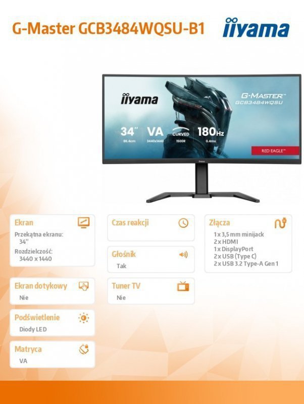 IIYAMA Monitor G-Master 34 cale GCB3484WQSU-B1,VA,UWQHD,180Hz, HDR400, 1500R, 21:9, 0.4ms, 500cd^m2, 2x5W, USB-c, PiP