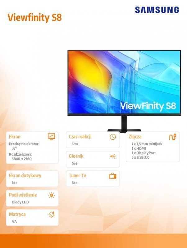 Samsung Monitor 37 cali ViewFinity S80D VA 3840x2160 UHD 16:9 1xHDMI 1xDP 3xUSB-A 5ms PinP^PbyP 60Hz HAS+PIVOT płaski 3YOn-Site