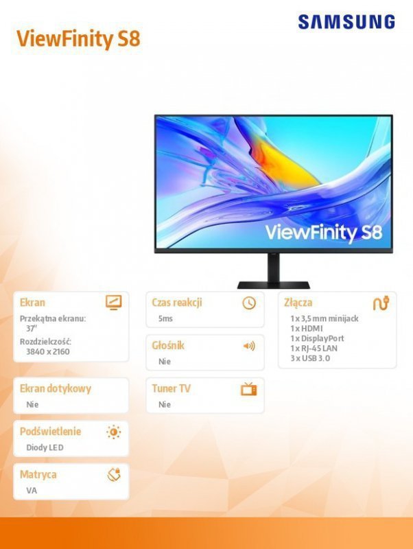 Samsung Monitor 37 cali ViewFinity S80UD VA 3840x2160 UHD 16:9 1xHDMI 1xDP 1xUSB-C 90W 3xUSB-A 5ms PinP^PbyP 60Hz HAS+PIV płaski