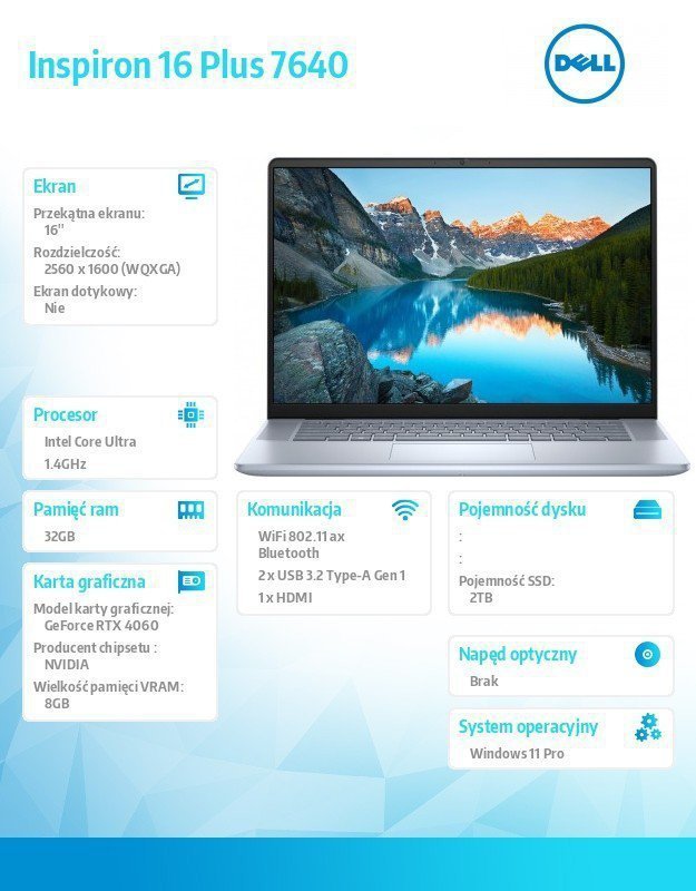 Dell Notebook Inspiron Plus 7640 Win11Pro Ultra 7 155H^32GB^2TB SSD^16.0 2,5K 2560x1600^RTX 4060^FgrPr^FHD Cam^Mic ^Backlit Kb^9