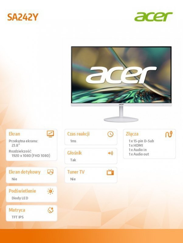 Acer Monitor 24 cale SA242YEWI IPS FHD 100Hz HDMI Biały