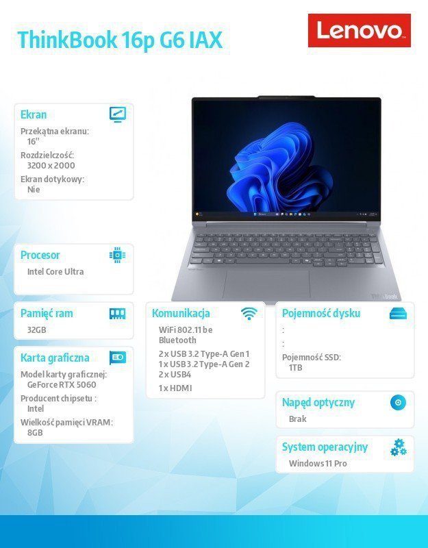 Lenovo Laptop ThinkBook 16p G6 21R0001TPB W11Pro Ultra 9 275HX^2x16GB^1TB^RTX 5060 8GB^16.0 WUXGA^Luna Grey^1YR Premier WHB + 3Y