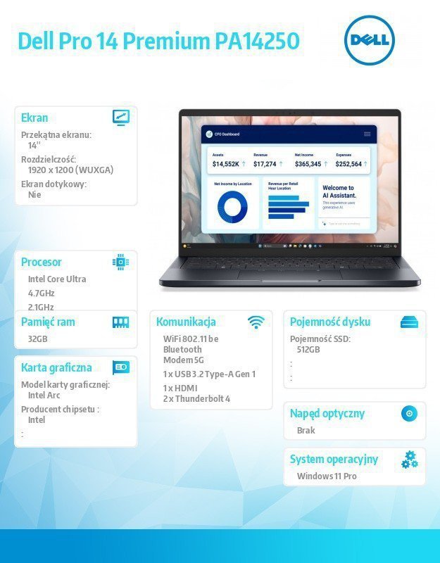 Dell Laptop Dell Pro 14 Premium PA14250 W11P U5-238V^32GB^512GB CL35^14.0 FHD+^Arc^FgrPr^Cams&Mic^5G WWAN+BT^BcklKb^3C^vPro^3YPS