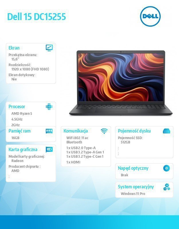 Dell Laptop Dell 15 DC15255 W11P R5-7530U^16GB^512GB SSD^AMD Radeon^WLAN + BT^15.6 FHD^Backlit Kb^3 Cell^65W^3YPS Carbon Black (