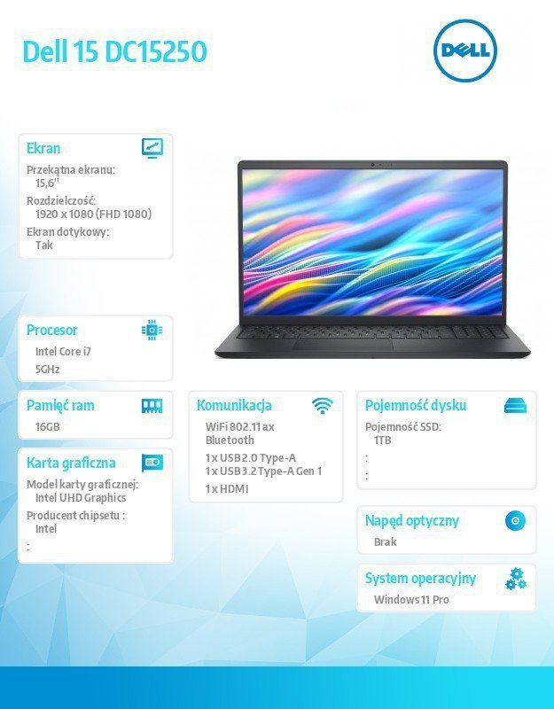 Dell Laptop Dell 15 DC15250 W11P i7-1355U^16GB^1TB SSD^UHD^WLAN + BT^15.6 FHD Touch^Backlit Kb^3 Cell^65W^3YPS Carbon Black (Pla