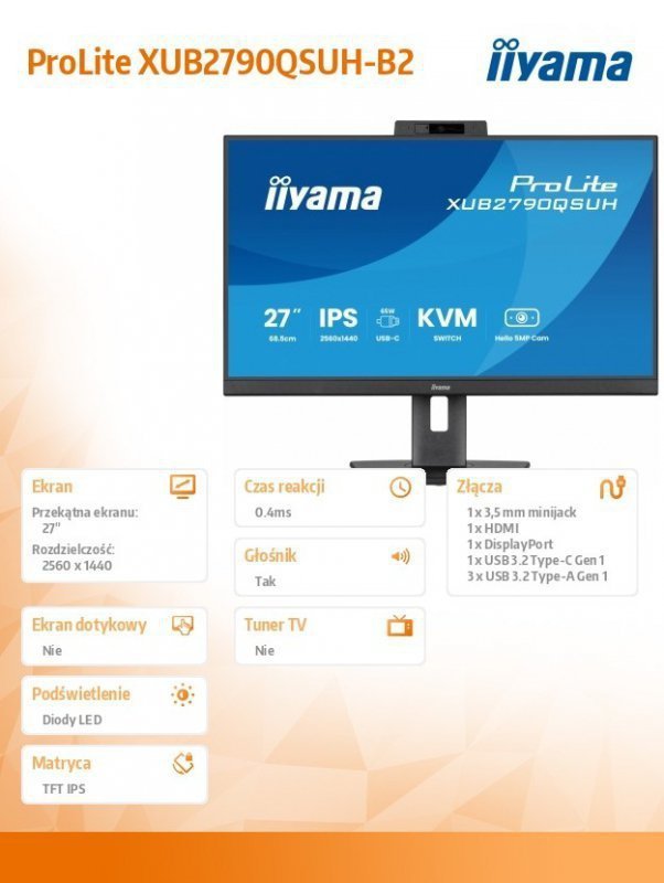 IIYAMA Monitor 27 cali XUB2790QSUH-B2 IPS,QHD,CAM,MIC,HDMI,DP,3xUSB(3.2),  100Hz,ADAPTIVE SYNC,FlickerFree,2x2W,WINDOWS HELLO
