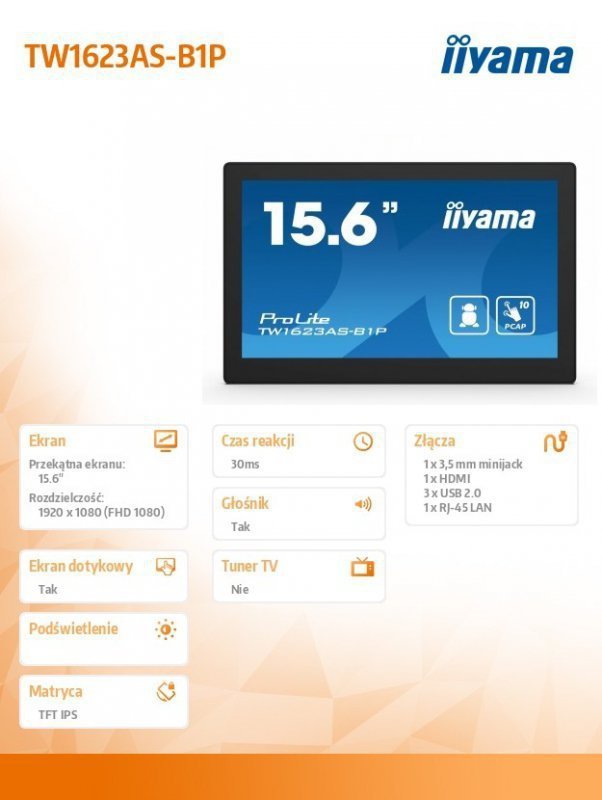 IIYAMA Monitor 16 cali TW1623AS-B3P,10P.DOT.IPS,ANDROID13,WIFI,24^7,RJ45, HDMI,3xUSB,CMS (iiSignage2)