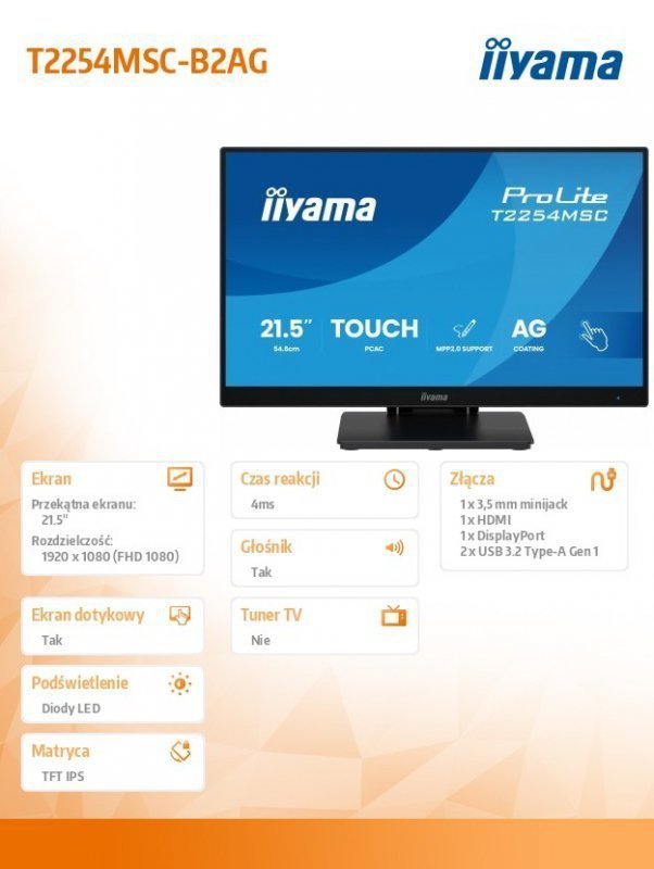 IIYAMA Monitor 21.5 cala T2254MSC-B2AG  POJ.10PKT., IPS, POWŁOKA AG, 300cd, FHD,  HDMI, DP, 2xUSB, 7H
