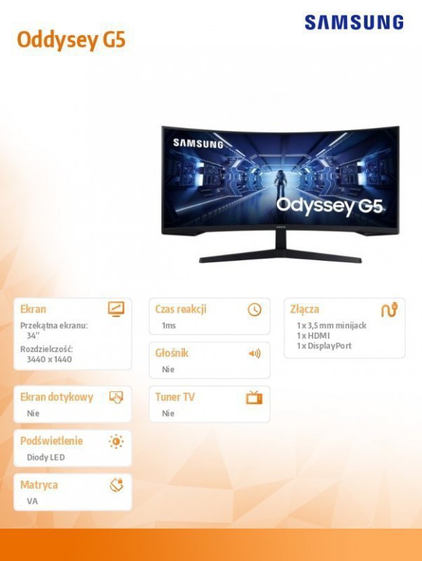 Samsung Monitor 34 cale LC34G55TWWPXEN VA 3440x1440 Ultra WQHD  21:9 format kinowy 1xHDMI^1xDP 1 ms (MPRT) zakrzywiony 165Hz Gam