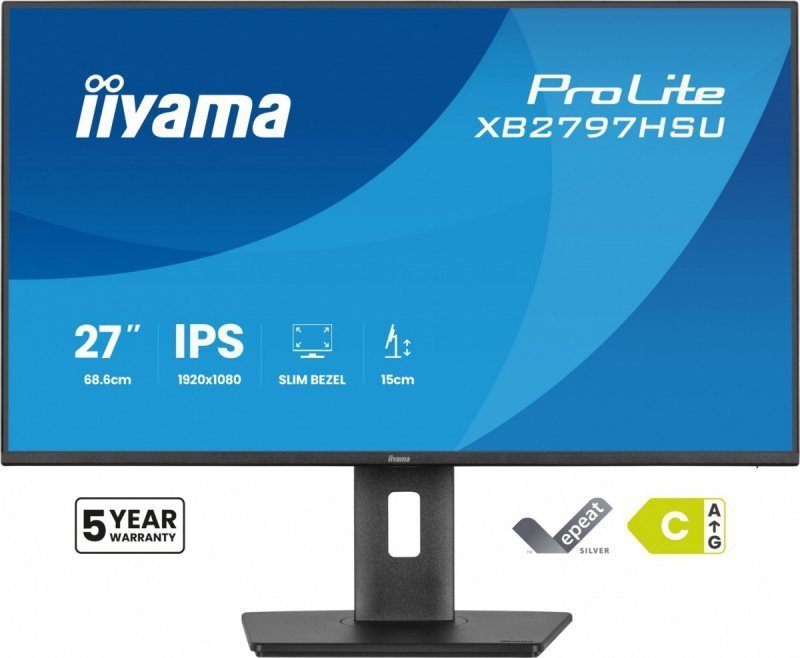 IIYAMA Monitor ProLite 27 cali XB2797HSU-B1 IPS,FHD,HDMI,DP,120Hz,2xUSBv3.2,        2xUSB-C, 350 CD, 2x2W, HAS 150^PIVOT