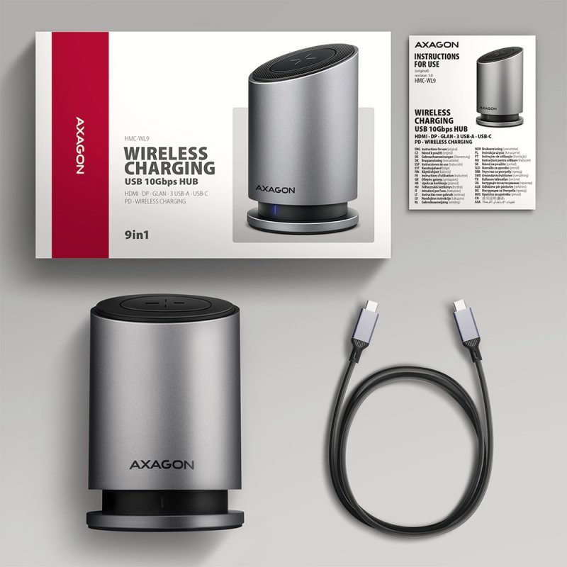 AXAGON HMC-WL9 Wieloportowy hub USB 9in1, 10Gbps, 3xUSB-A, 1xUSB-C, DP 8K^60Hz, HDMI 4K^60Hz, PD 100W, GLAN, 100cm USB-C kabel,