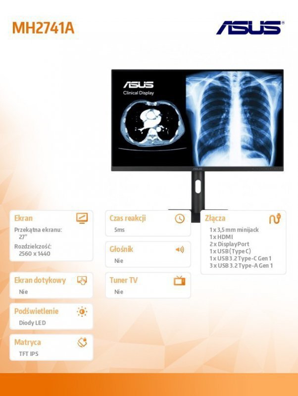Asus Monitor 27 cali MH2741A 3.6MP HDMI USB-C DP DICOM