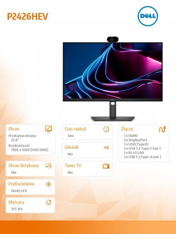 Dell Monitor P2426HEV 23.8 cala IPS FHD(1920x1080)^16:9^HDMI^2xDP^2xUSB-C^RJ45^4xUSB^Camera^3Y