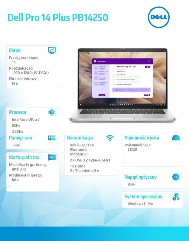 Dell Laptop Dell Pro 14 Plus PB14250 W11P U7-266V^16GB^512GB SSD^FgrPr&SmtCd^IRCam&Mic^5G LTE+BT^14.0 FHD+ 400nit^BcklKb^3C^vPro