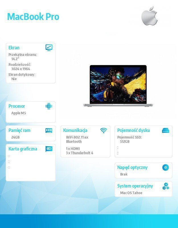 Apple MacBook Pro 14.2 cala: M5 10^10, 24GB, 512GB SSD, 96W - Srebrny