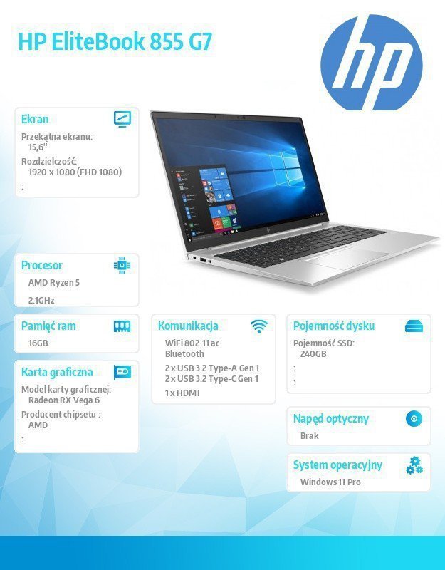 HP Inc. Laptop poleasingowy HP EliteBook 855 G7 Ryzen 5 Pro 4650U      2,1 GHz ^ 16 GB ^ 240 SSD ^ 15,6'' FullHD ^ Win