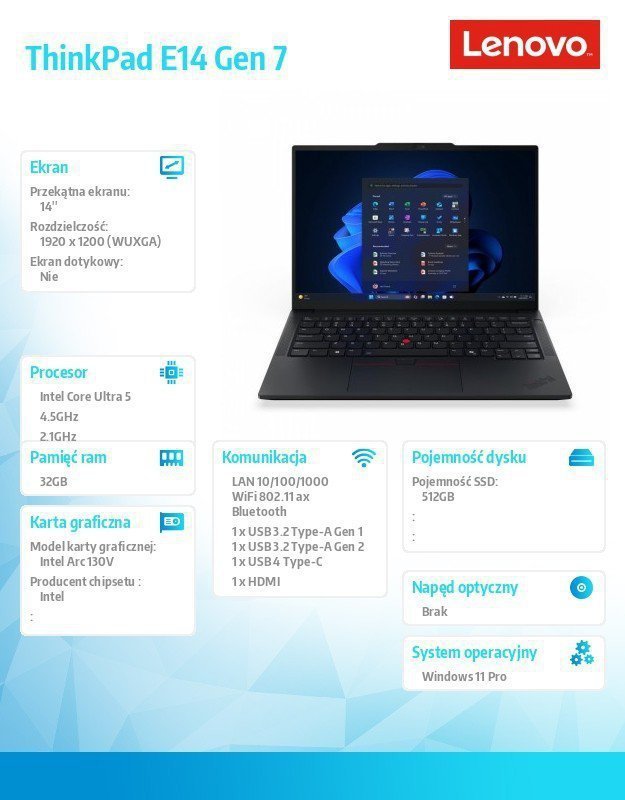 Lenovo Laptop ThinkPad E14 G7 21U200A9PB W11Pro Ultra 5 228V^32GB^512GB^INT^14.0 WUXGA^Black^1YR Premier Support + 3YRS OS + CO2