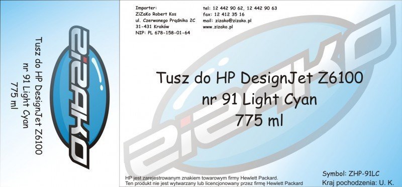 Tusz zamiennik Yvesso nr 91 do HP Designjet Z6100 775 ml Light Cyan C9470A