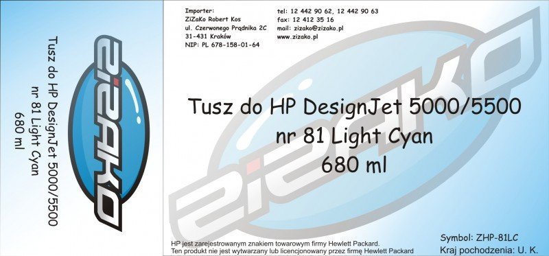 Tusz zamiennik Yvesso nr 81 do HP Designjet 5000^5500 680 ml Light Cyan C4934A - WYPRZEDAŻ!
