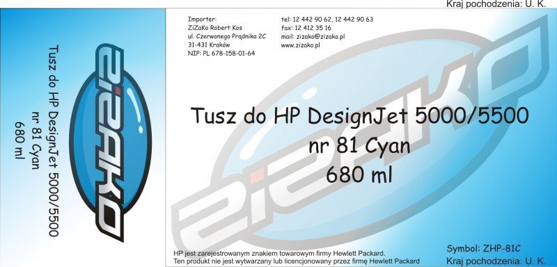 Tusz zamiennik Yvesso nr 81 do HP Designjet 5000^5500 680 ml Cyan C4931A - WYPRZEDAŻ!