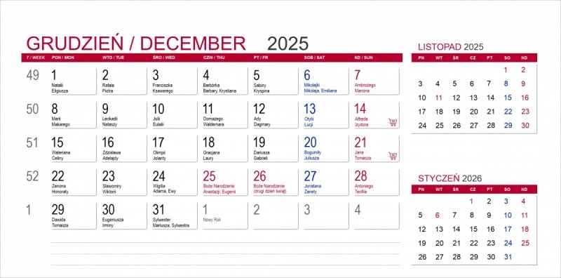 kalendarz biurkowy 3-miesięczny na rok 2025 - grudzień 2025