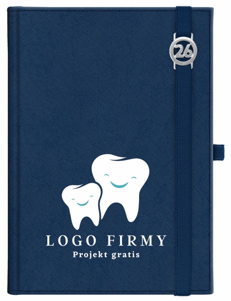 Kalendarz książkowy 2026 A5 dzienny papier chamois wycinane registry oprawa z zamykaniem na gumkę i mocowaniem na długopis ROSSA VIU granatowa Z NADRUKIEM LOGO