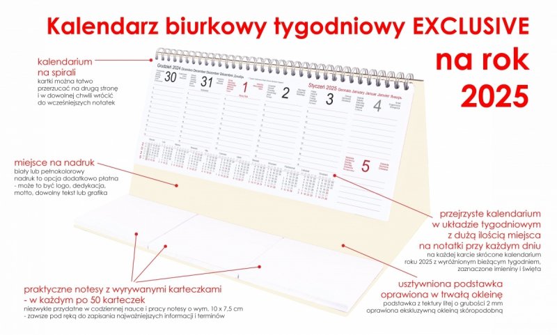 Kalendarz biurkowy stojący na podstawce - kalendarium tygodniowe na rok 2025