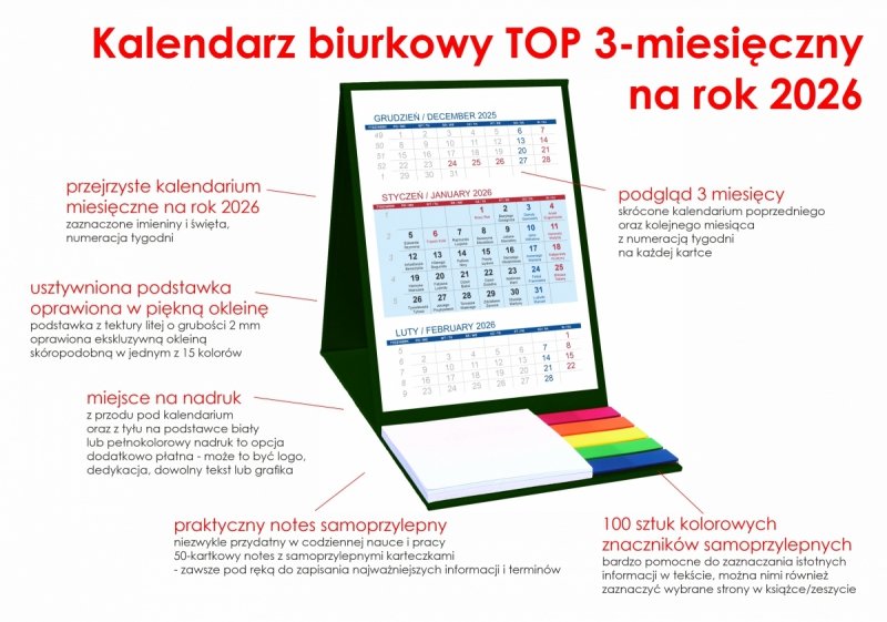 Kalendarz biurkowy z notesem i znacznikami TOP 3-miesięczny 2026 ciemnozielony