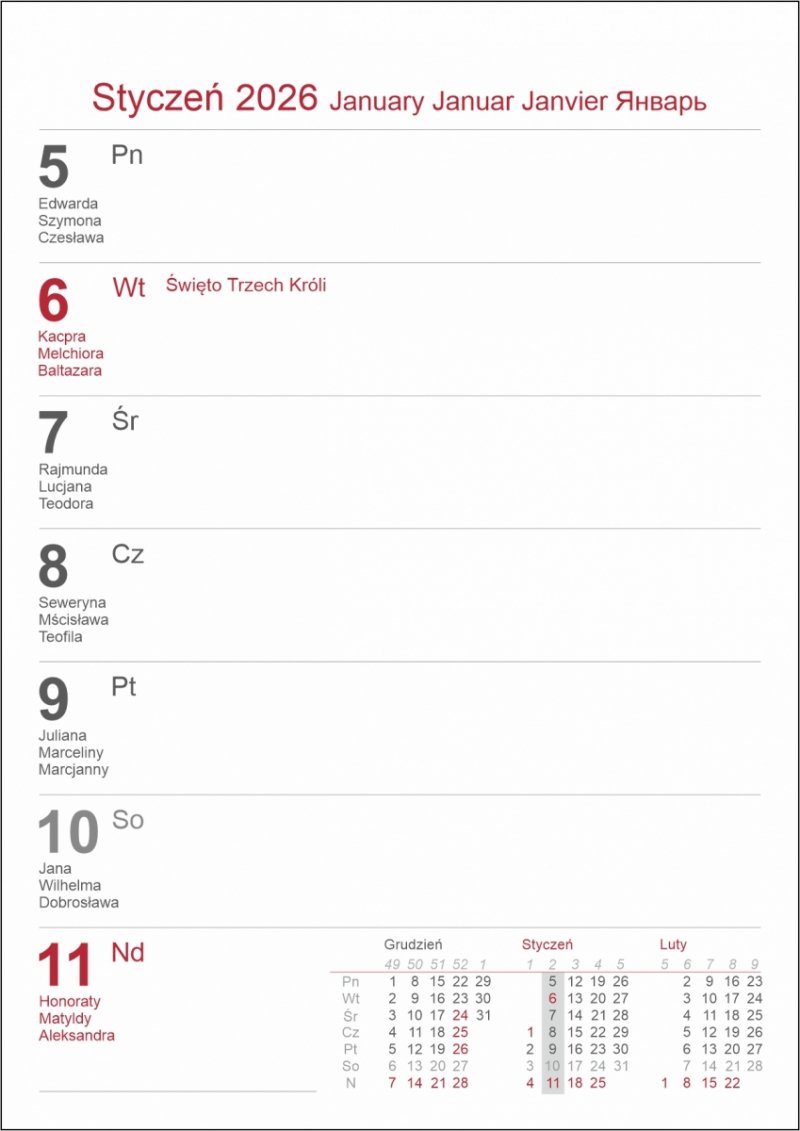 kalendarz tygodniowy do postawienia na biurku 