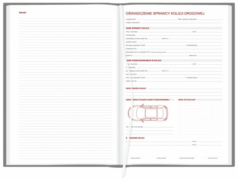 wspólne oświadczenie o zdarzeniu drogowym w kalendarzu książkowym A4