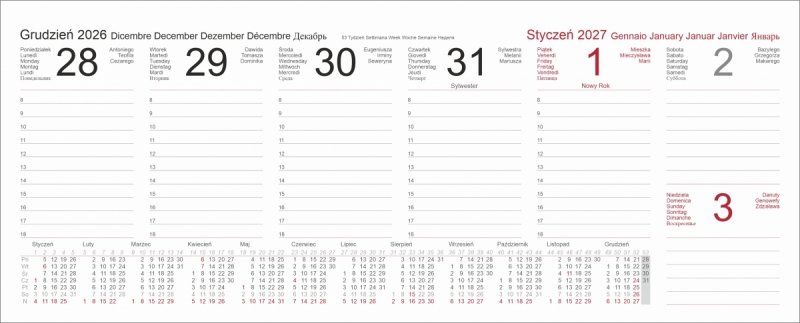 biurkowy kalendarz tygodniowy na rok 2026 z notesami i znacznikami