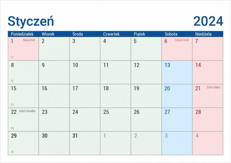 Kalendarium do kalendarza MINI PLANO - styczeń 2024