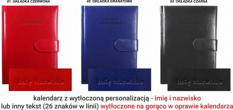 kalendarz z imieniem i nazwiskiem dyrektora szkoły wytłoczonym na okładce
