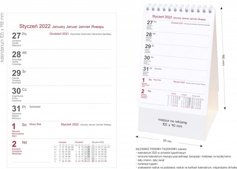 Kalendarz biurkowy stojący PIONOWY TYGODNIOWY 2022