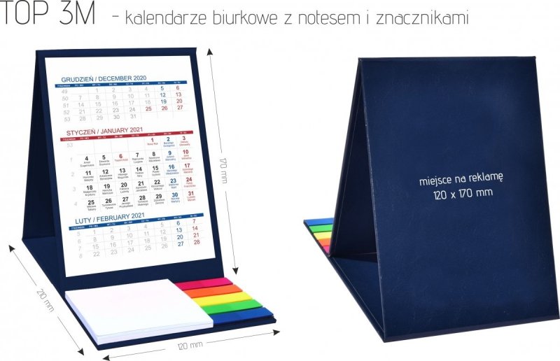 Wymiary kalendarza biurkowego z notesem i znacznikami TOP 3-miesięczny 2021 bordowy