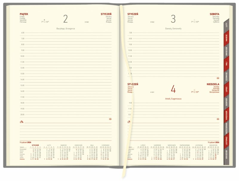 układ dzienny kalendarza B5 z wycinanymi registrami